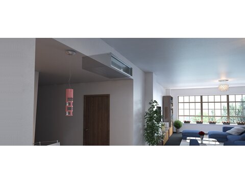 modernes Wohnzimmer bei dem in der Decke das Kanaleinbaugerät ist, die Wände sind für das Kanaleinbaugerät transparent